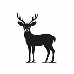 Black Silhouette of a Deer with Antlers Stands Calmly on White Background, Wildlife Illustration