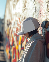 Side View of Person Wearing Hoodie and Plain Cap by a Graffiti Wall