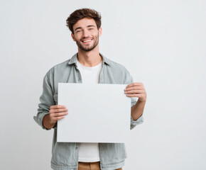 Cheerful man holding a blank sign ready for your message or advertisement.