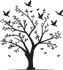 Tree with birds flying silhouette vector isolated on white background
