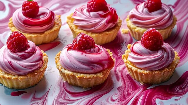 Delicious raspberry tartlets with pink swirl cream on abstract background. Sweet dessert food photography, cream, raspberry, tart, pink.