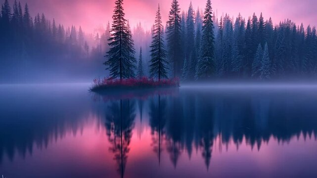 Misty sunrise over a serene lake with a small island