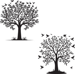 Tree with birds flying silhouette vector isolated on white background