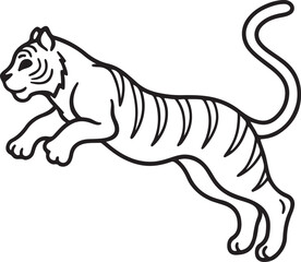 jumping tiger line art, black outline, vector and illustration, coloring book page line art drawing