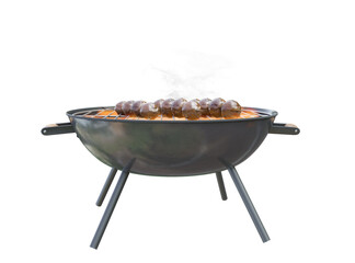 Chicken meatballs on wooden skewers grilling over charcoal, 3D illustration isolated on transparent background