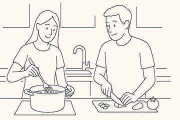 Couple cooking, in the kitchen, simple line drawing