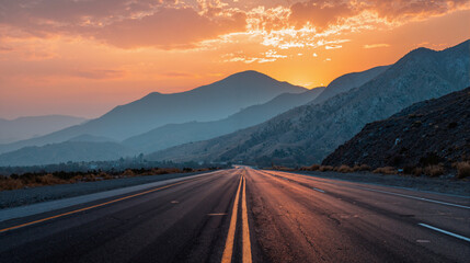 Scenic Road Leading Through Mountains at Sunset