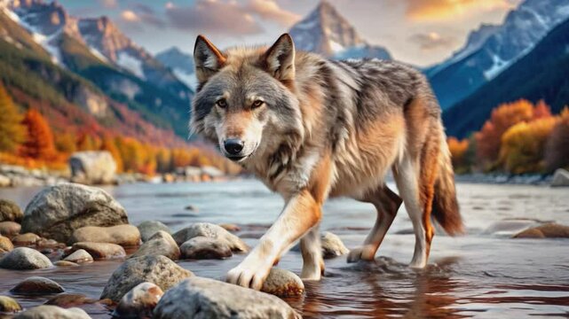 Wolf walking through mountain stream with peaks behind.Lone wolf crossing cold river in alpine valley.