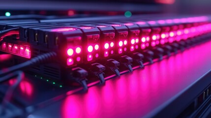 Close-up of rows of glowing, dark-colored server modules.  Rows of illuminated components
