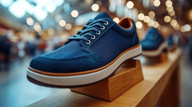 Close-up of navy blue sneakers on display