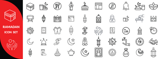 Ramadan line icon set. Islam Concept Thin Line Icon Set contains such icons as Mosque, Crescent, Kaaba, Worship, Quran, Ramadan, Prayer, Hajj, Pilgrim and so 