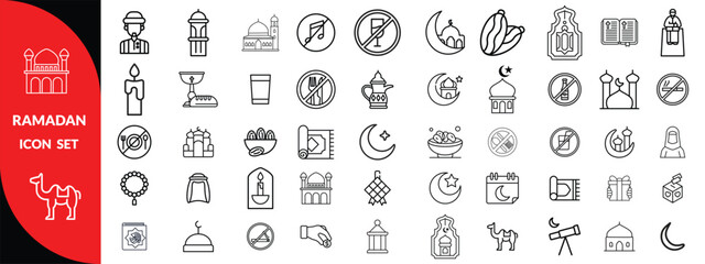 Ramadan line icon set. Islam Concept Thin Line Icon Set contains such icons as Mosque, Crescent, Kaaba, Worship, Quran, Ramadan, Prayer, Hajj, Pilgrim and so 