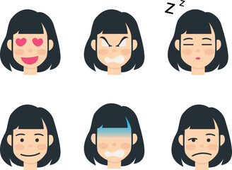 a character of cute girl with six emotions