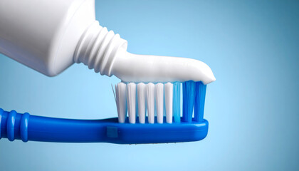 Blue toothbrush with white toothpaste being squeezed from tube, close up on bristles, dental hygiene concept, clean and fresh feeling