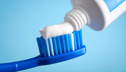 Blue toothbrush with white toothpaste being squeezed from tube, close up on bristles, against light blue background, clean and fresh feeling