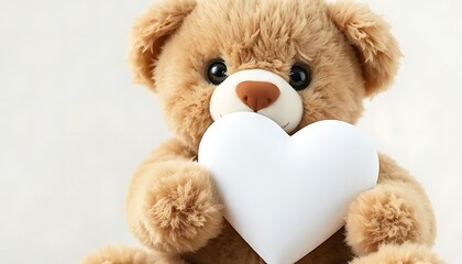 fluffy cute teddy bear with a white heart in his hands with a place for writing on the heart