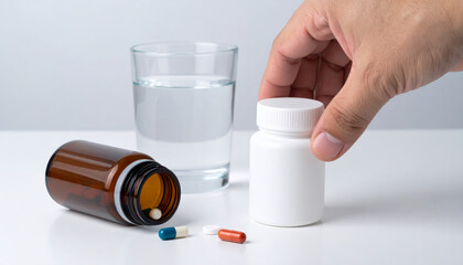 Hand is lifting white pill bottle beside glass of water, with open brown bottle and assorted capsules and tablets on white table