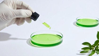 Gloved hand holding dropper with green liquid above glass petri dish, laboratory setting, plant in background, scientific research, clean and bright atmosphere