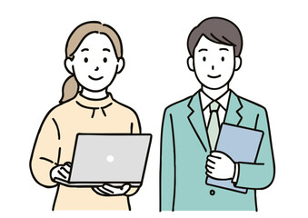 ノートパソコンで作業する女性と資料を持つ男性