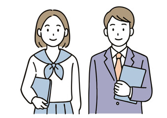 女子高生とスーツ姿の男性が資料を持って並ぶ