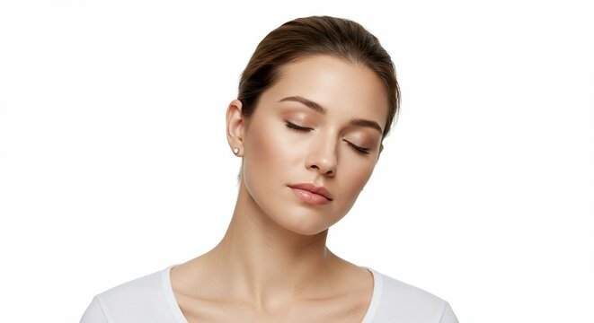 Pensive woman eyes closed, head tilted downward, on plain background. Use Portrait - Powered by Adobe