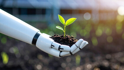Robotic hand gently cradles vibrant green plant seedling in rich soil, symbolizing harmony between technology and nature in bright outdoor setting