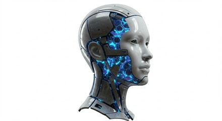 A detailed profile of a robotic human head, showcasing futuristic technology and design.