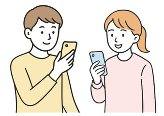スマートフォンを見る若い男女のイラスト