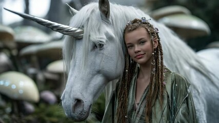 Beautiful woman gently smiling next to unicorn in enchanted woods