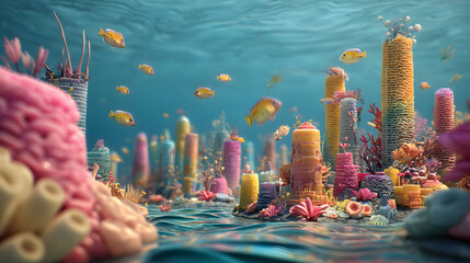 3D cartoon of a colorful coral reef city