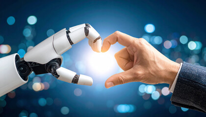 White robot hand and human hand form heart shape together, symbolizing connection, technology, and collaboration with glowing city background