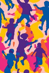 abstract playful silhouettes of children jumping and playing, vibrant school theme in colorful flat tones