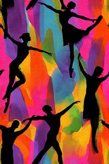 colorful silhouette pattern of ballet dancers on vibrant abstract background, artistic motion expression