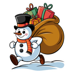 ice snowman with a gift bag cartoon vector  illustration on white background.
