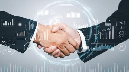 Business handshake symbolizing partnership with visual financial data overlay - Powered by Adobe