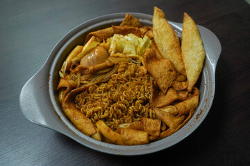 Close-up shot of Korean-style spicy ramen noodles