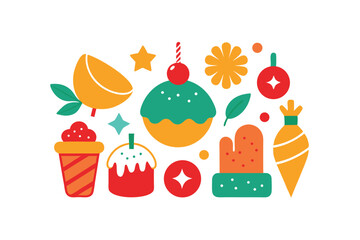 Festive holiday food doodles with seasonal treats and meals vector art illustration