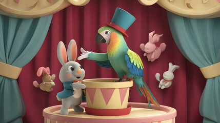 3d Cartoon of a colorful parrot assisting magician