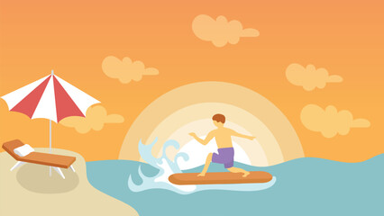 Surfing on Sunset Beach Background Illustration