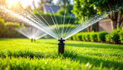 Automatic irrigation system watering green grass in home garden, sunlight shining, fresh and vibrant outdoor scene, efficient water use, summer morning