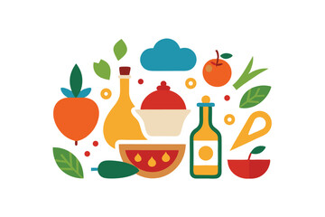 Mediterranean cuisine doodles with olives breads and spices vector art illustration
