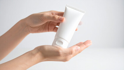 White tube of cream held by woman hand, applying lotion to other hand, skincare product, minimal background, gentle and clean feeling