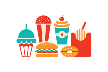 Retro diner food doodles with milkshakes burgers and vintage meals vector art illustration