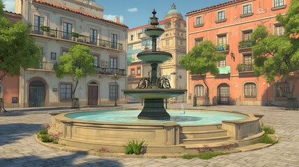 3d Cartoon of a classic fountain in the center city