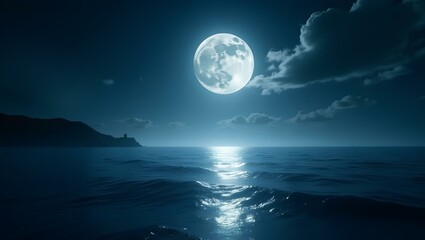 Moonlit Ocean Serenity: A radiant full moon illuminates dark waves, creating a shimmering path across the tranquil sea