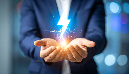 Businessman holding glowing lightning bolt in hands, symbolizing energy, innovation, power, and creativity in modern office environment, with confident and dynamic expression