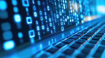 Glowing binary code displayed on a laptop screen, reflecting on its keyboard