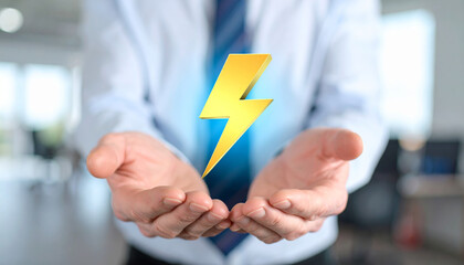 Businessman holding glowing yellow lightning bolt symbol in his hands, representing energy, innovation, and power in modern office environment