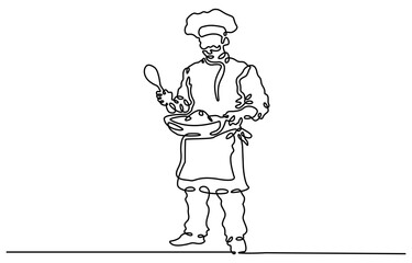 Continuous one line drawing of a chef is cooking in the kitchen, Continuous one line drawing of chef cooking with pan. Professional chef holds pan in single line draw vector illustration.