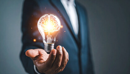 Businessman hand holding glowing lightbulb with brain inside, symbolizing innovation, creativity, and technical intelligence in business, with professional and inspiring atmosphere
